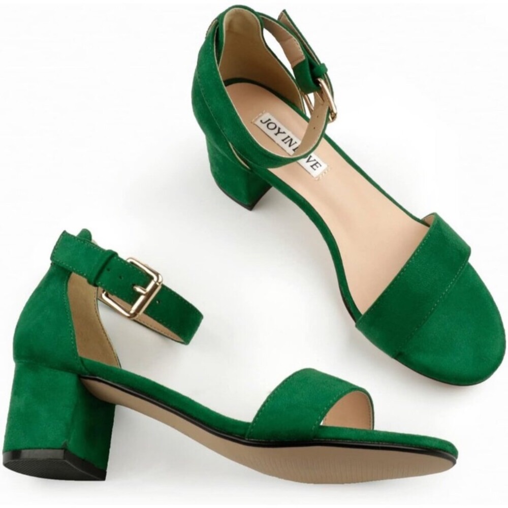 Women's Green Chunky Low Heels Ankle Strap Open Toe Block Heel Sandal